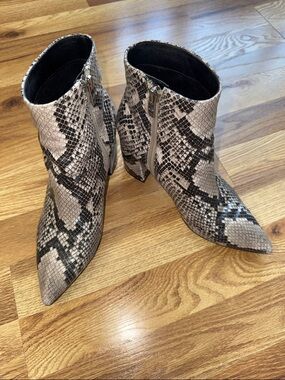 Marc Fisher Snakeskin Pointed Toe Ankle Boots in Beige and Black